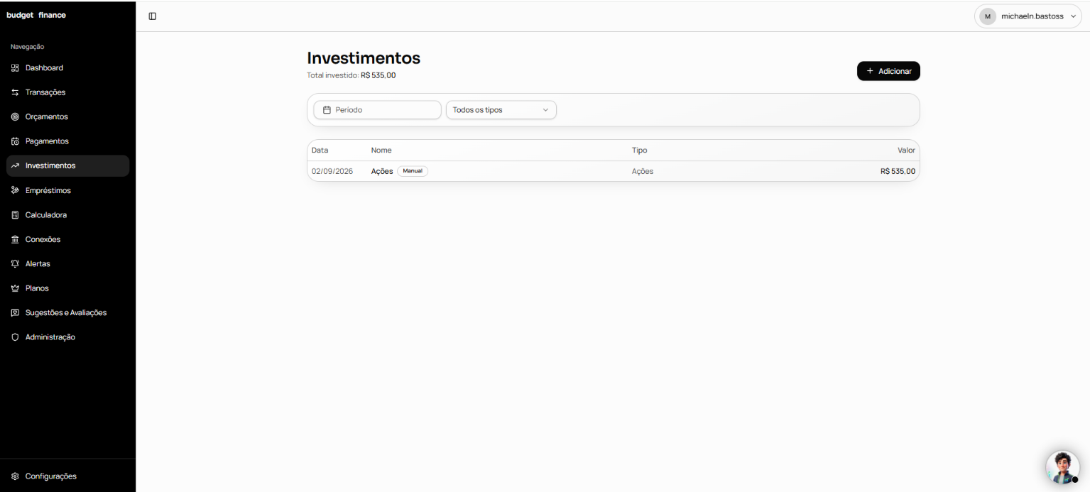 Painel de investimentos do budget&finance